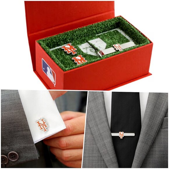 MLB New York Mets Team Logo Tie Clip & Cufflinks Set Baseball Gift - Picture 1 of 10
